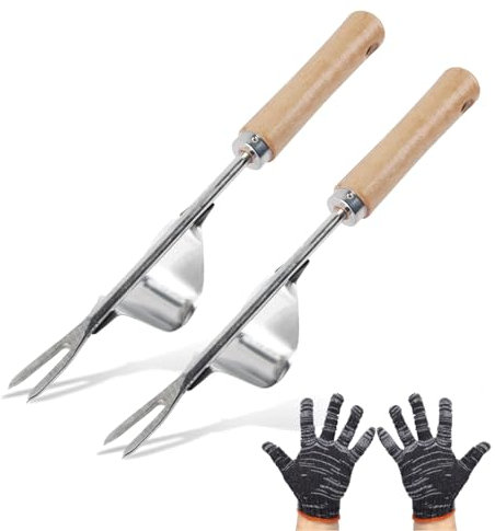 Gfamous 2 Piezas Malas Hierbas Herramienta,Hierbas Escardador, Horquilla de Desmalezador,Viene con un par de Guantes.,para Jardinería de Acero Inoxidable Herramientas de Desmalezado Extractor