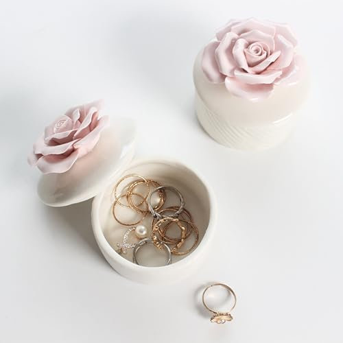 WXMYOZR Caja De Baratijas Blanca con Porcelana De Tapa, Cajas De Joyas De Cerámica Floral para Niñas Mujeres Pequeñas Joyas De Joyería Contenedor De Recipiente Collar De Arete