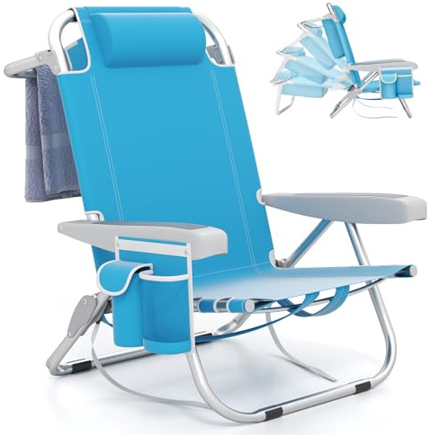 COSTWAY Silla de Playa Plegable con 5 Posiciones, Tumbona con Portavasos, Bolsillos de Almacenamiento, Correas de Hombro, Soporte para Toallas, Almohada, Capacidad 150kg (Azul,1)