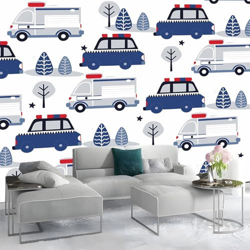 Fototapete Cartoon Krankenwagen und Polizei6d Effekt Wand Dekoration 300 x 210 cm Vlies Tapeten Moderne Wandtapete Wohnzimmer Schlafzimmer Weiß