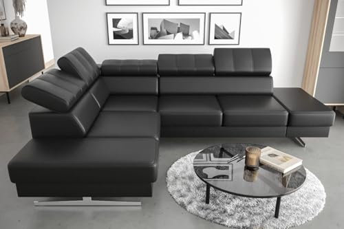 Friderik Ecksofa Emporio Ledersofa 225×300 cm verstellbare Kopfstützen Silberne Beine Leder (Schwarz, Links)