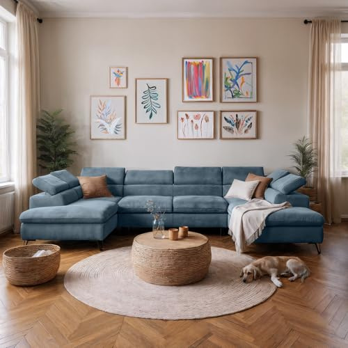 SOFILAND Reno U Ecksofa mit Bettkasten & verstellbaren Kopfstützen – Schlafsofa in U-Form (345×202 cm) – Monolith Stoff, Wasserabweisend, Metallfüße. (Blau)