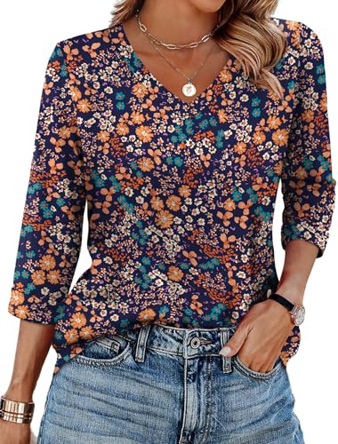 WIHOLL Tops for Women 3/4 Length Sleeve V Neck Casual Tunic Ladies Tops Basic Shirts Loose Fit Blouse