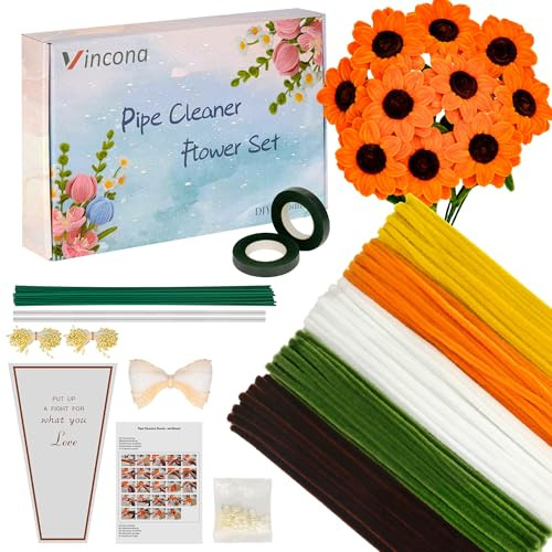 Vincona 400 Stück Pfeifenreiniger Blumen Set, Pfeifenputzer Blumen Zum Basteln （5 Farben） Inklusive 20 Blütenstiele, Band, Staubgefäße und Straußverpackung für Blumenstrauß DIY Gelb