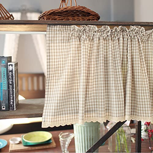 A.Monamour Gardine Scheibengardinen Kurzstores Baumwolle Leinen Kariert Khaki Mit Spitze Blickdicht Kurzvorhang Kurzgardinen Küchengardine Küchenvorhang Küche Vorhang Fenster Kurz Stores Bistrogardine
