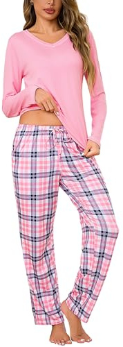 Bresdk Pigiama Donna Cotone Invernale Lungo Pigiami Invernali Caldo con Maglia a V Maniche Lunghe e Pantaloni a Quadri per Casa e Casuale Morbido e Confortevole S-3XL