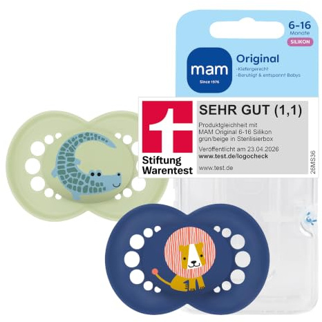 MAM Original Schnuller | 6-16 Monate | 94% Akzeptanz | stillfreundlicher Babyschnuller | von Hebammen empfohlen | zahnfreundlich | SkinSoft Silikon | Krokodil/Löwe | 2 Stück