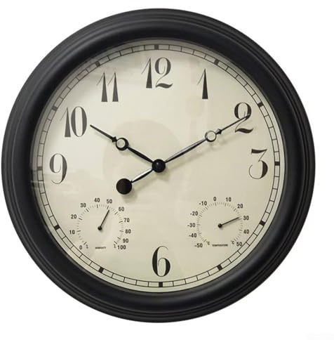 38,1 cm Outdoor-Wanduhr mit Thermometer und Hygrometer, wasserdicht, geräuschlos, für Rahmen, rostfrei, leicht zu lesendes Zifferblatt, große hängende Uhr, Terrasse, Garten, Metall