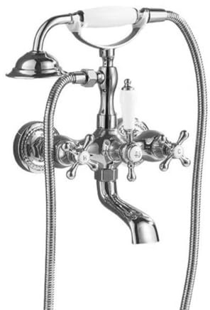 Badewannenarmatur Badewanne Wasserhahn Retro Vintage Stil Messing Wandmontage Zwei Griffe Wannenbatterie Badewannen Armatur Mit Handbrause Badewanne Mischbatterie Duscharmatur, Chrom