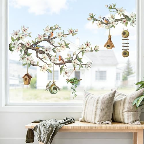 Supzone Flower Branch Birds Static Window Clings - Spring Birds on White Floral Tree Branch Window Decals, Reusable Anti-Collision Double-Side Stickers for Glass Door Decoration