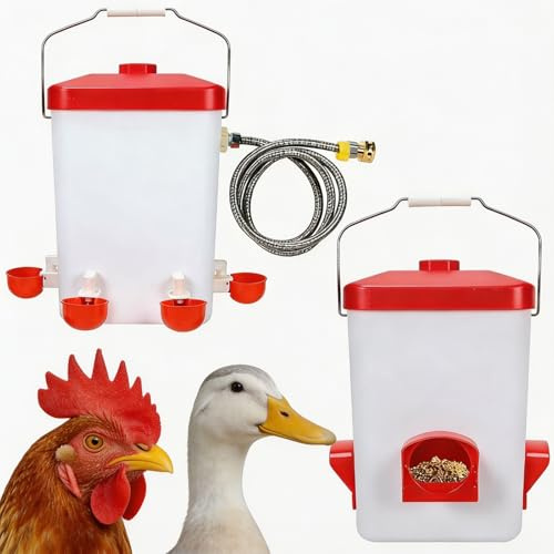 KIRJAUDU Hühnerfutterspender & Tränke Set, Automatischer Futterautomat für Hühner, Tropffreie Wassertränke, Wetterfest, für Hühnerstall und Freilandhaltung mit Gartenschlauch und Montagezubehör