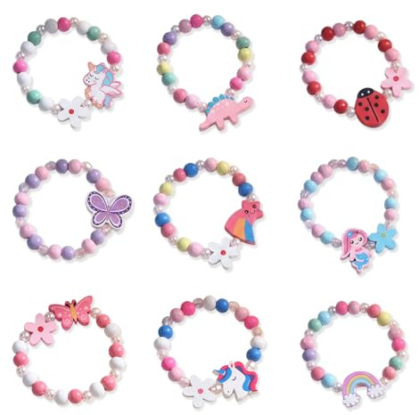VEOIRXU 9 Piezas Pulseras Niña Colores Madera Flores Unicornio Mariposa Arcoíris Joyería Set Elásticas Pulseras de la Amistad para Fiesta Regalos Cumpleaños Niños Niñas (9 Estilos)
