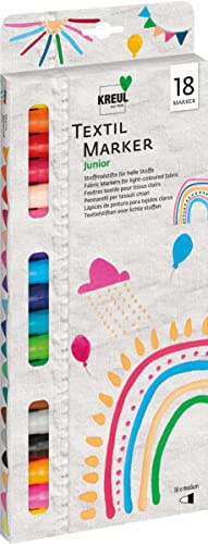 KREUL 90721 - Textil Marker medium Junior, 18 Stoffmalstifte für helle Textilien, mit großer unempfindlicher Faserspitze, Strichstärke circa 2-4 mm, waschecht nach Fixierung