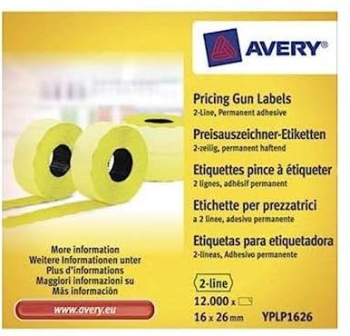 AVERY Zweckform YPLP1626 Preisauszeichner-Etiketten (12.000 Stück, 2-zeilig, 16 x 26 mm) 10 Rollen gelb