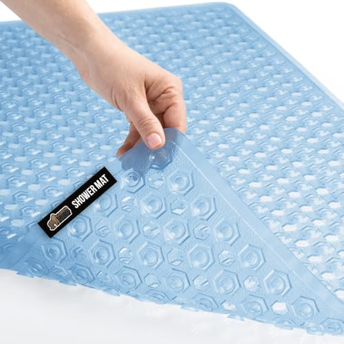 Gorilla Grip Patented Bath Tub Shower Mat, 35x16 Washable Bathtub Floor Mats, Suction Cups and Drain Holes to Keep Tubs Clean, Blue