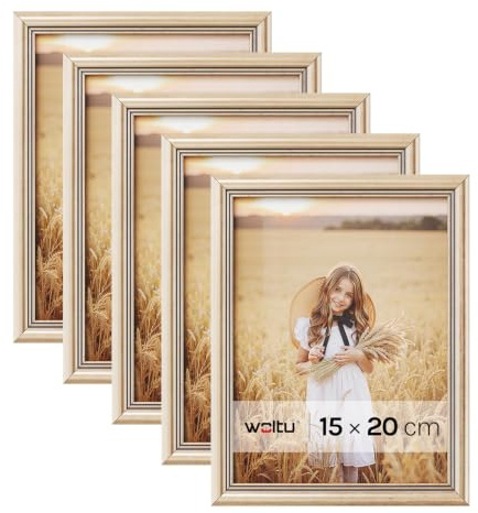 WOLTU Bilderrahmen 15x20, 3er set, Massivholz Fotorahmen mit Passepartout | Gold, Front aus PS-Platte, Posterrahmen zum vertikalen oder horizontalen Aufhängen und Aufstellen, Collage Wanddeko