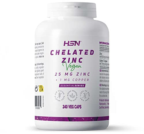 Zinc 25 mg de HSN | 240 Cápsulas Vegetales | 25 mg de Mineral Elemental por Servicio | Forma de Alta Biodisponibilidad: Bisglicinato de Zinc | No-GMO, Vegano, Sin Gluten