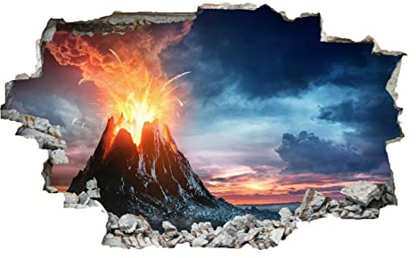 Landscape 3D Smashed Decal, Volcano Removable Vinyl Art Peel and Stick Sticker, Sky Wall Tattoo Girls Kids Bedroom Nursery Room Decor Mural Home Decor 35 x 24 Inch