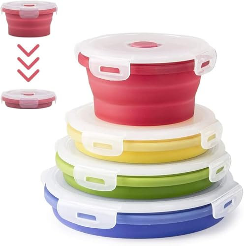 Virklyee Boîte à Lunch Pliante en Silicone 4 PCS - Récipients de Stockage D'aliments Pliables - Facile à Ranger (Ronde Couleur O2)