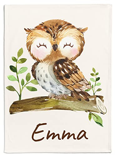 Personalisierte Babydecke mit beliebigem Namen & Eulenmuster | Individuelle Kinderdecke Baby Decke Namensdecke (Eule), 80 x 110 cm