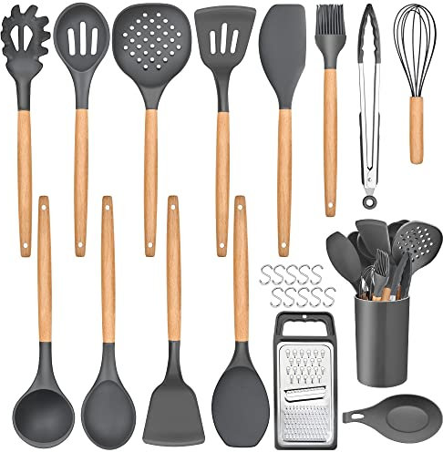 Joyfair Kitchen Utensils Set, 25 PCS Silicone Cooking Utensil Set with Wooden Handle, Heat Resistant Kitchen Tools & Gadgets for Cooking Baking, Safe for Non Stick Pans, Grey