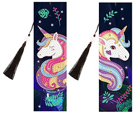 2 Stücke Diamond Painting Lesezeichen Einhorn Diamond Pasted Painting Bookmark DIY Bookmark mit Quasten Mädchen Malen Nach Zahlen Kit für Studentengeschenke，Weihnachtsgeschenk, Seiten Markieren