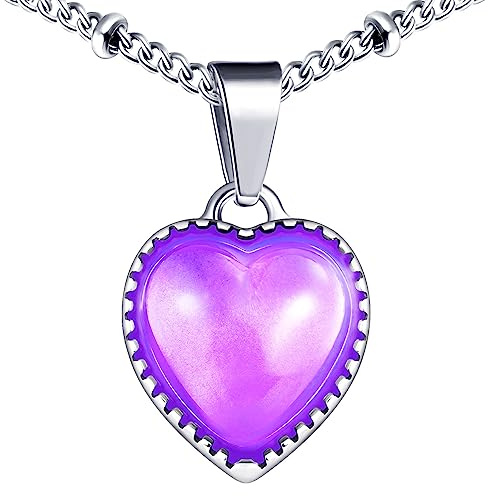 MicVivien Damen Kette Herz Anhänger Farbwechsel Halskette Edelstahl Temperatur Herzkette mit O-Kette 50+5cm / Blasen-Kette 45+5cm Herz Schmuck für Frauen Mädchen Kinder