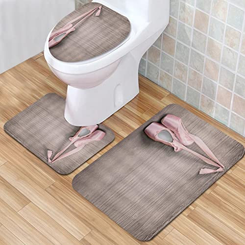 IUBBKI Badematte, Badezimmer rutschfeste Matte, Ballettschuhe rosa Zehenschuhe hängen auf Holzbrett Holz, Badematten-Set, 3-teilig, saugfähig, rutschfest, Badematte, WC-Vorleger, Badteppich für Ba