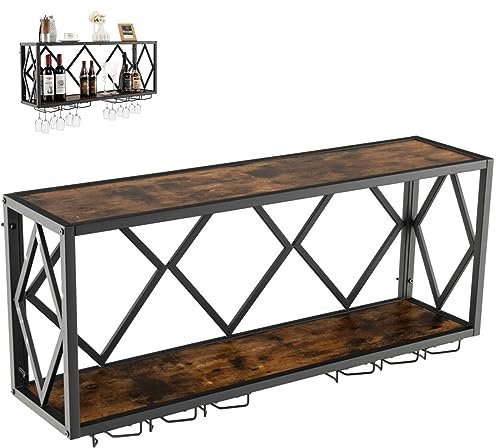 GiantexUK Wall Mounted Wine Rack, 2-Tier Floating Wine Storage Shelf Rack with 6 Rows of Glass Holders, Metal Frame Bottle Display Holder for Kitchen Dining Living Room Bar Cellar