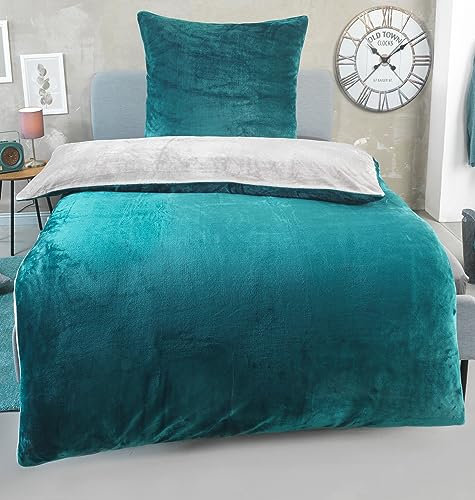 DreamHome Winter Wende Plüsch Bettwäsche 135x200 Nicky-Teddy Cashmere Touch Coral Fleece Bettdezug + Kissenbezug 80x80, Farbe:smaragdgrün-Silber