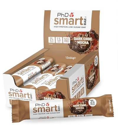 PhD Smart Protein Bar, Moca de Chocolate, 12 x 64g | Barrita Snack Alta en Proteínas y Baja en Azúcar, Centro de Proteína de Suero, Snack Macro-Friendly