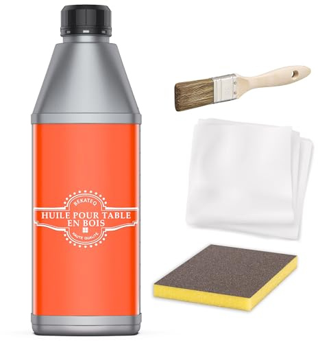 BEKATEQ Huile pour table en bois 0,5L - Set de éponge abrasive, chiffon de nettoyage & pinceau - Huile pour plan de travail, meubles & bois - Biologique, sans solvants, hydrofuge, antisalissure LS-240