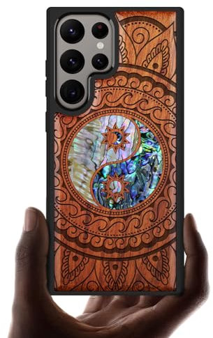 Carveit Designer Wooden Case for Samsung Galaxy S24 Ultra Case [Wood Engraving & Shell Inlay] Compatible with Wireless Chargers S24 Ultra Case (Yin Yang Paisley-Red Wood)