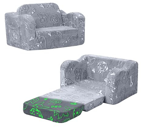 MeMoreCool Kindersofa Ausklappbar, Kindercouch, 2-in-1 Kleinkinder Schlafsofa, Kindersessel Mini Sofa fürs Kinderzimmer, Fancy Spielsofa für Mädchen und Jungen, Grau Hund