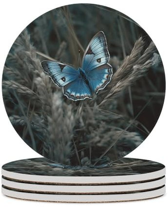 Keramik-Untersetzer mit Schmetterling auf Heu für Getränke, Set mit 4 hitzebeständigen, runden Tassenmatten, Pad, Bar-Untersetzer mit Korkboden für Küche, Zuhause, Küche, Party, Geschenk