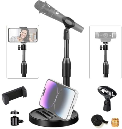 Tentucro [3-in-1] Desktop-Mikrofonständer mit Telefonhalter, verstellbarer Schreibtisch-Tisch-Mikrofonständer, Webcam-Ständer, Tablet-Telefonständer