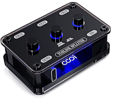 cooidea Digital optisk ljudsplitter 1-i-3-ut SPDIF Toslink optisk splitter med oberoende kanalbrytare, stöder upp till 192k/24bit kompatibel med LPCM2.0/DTS/Dolby-AC3 5.1-kanaler