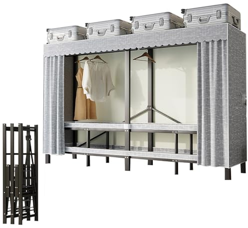 Tragbarer Kleiderschrank mit Stoffbezug, Stoffschrank mit Kleiderstange und Rollen, Faltbarer Kleiderschrank zum Aufhängen von Kleidung, Max 907kg, für Schlafzimmer, Wohnzimmer (hazy gray, 150cm)