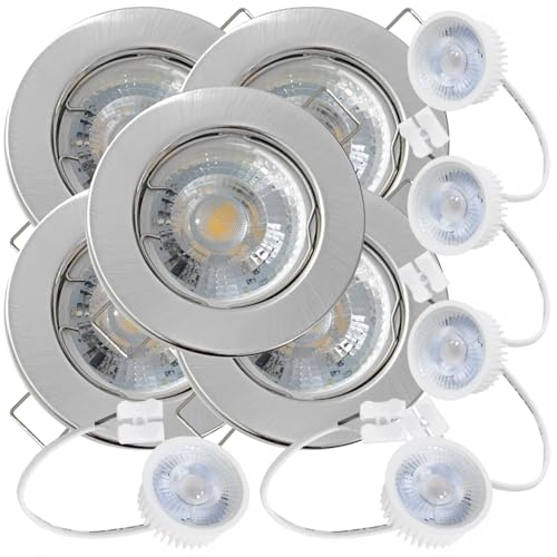 5er Set Flache MCOB LED Modul Einbauleuchten | Farbe Edelstahl gebürstet | 5W | 230V | Starr | Klemmring | LED Spots für die Decke bei wenig Einbautiefe | Wohnzimmer | Küche | Schlafzimmer usw.