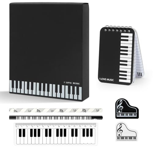 Music Stationery Gift Box Set Includes 1 Piano Keyboard Mini Spiral Notebook 2 Musical Melody Pencil 2 Piano Shaped Music Note Eraser 1 Piano Ruler for Kid Student Study Gift School Office Accessories