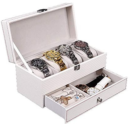 GSZCCZS Automatischer Uhrenbeweger, Box für Herren, Organizer-Box aus Kohlefaser, doppelschichtige Schmuckschatulle, abschließbar, weiße Aufbewahrungsbox für 4 Uhren, Organizer