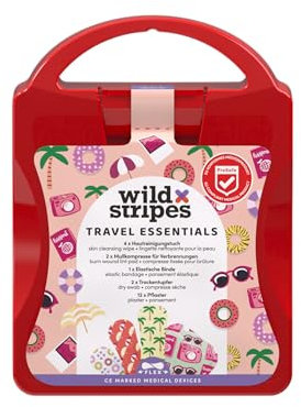 Wild Stripes Kit di Pronto Soccorso Travel con cerotti, benda, salviette, kit d’emergenza UE, ipoallergenico, resistente all’acqua, delicato sulla pelle
