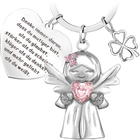 YnewL Schutzengel Glücksbringer Schlüsselanhänger mit Edelsteinen und Fliederblumen, Motivationsgeschenke, Schlüsselanhänger Mutmacher, Kleine Geschenke für Familie, Freunde, Kollegen, usw.