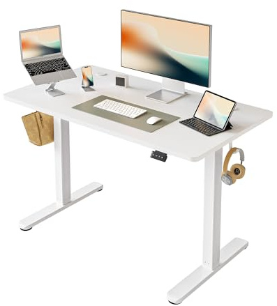 FEZIBO Electric Standing Desk 100 x 60 cm, Height Adjustable Computer Desk with Memory Presets, Sit Stand Home Office Desk, White Frame with White Top