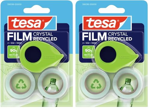 tesa tesafilm eco & crystal Klebeband - transparenter Klebefilm aus wiederverwertetem PET-Material - reißfest, mit starker Klebkraft - Set mit kompaktem Klebebandabroller - 2 Rollen á 10 m x 19 mm