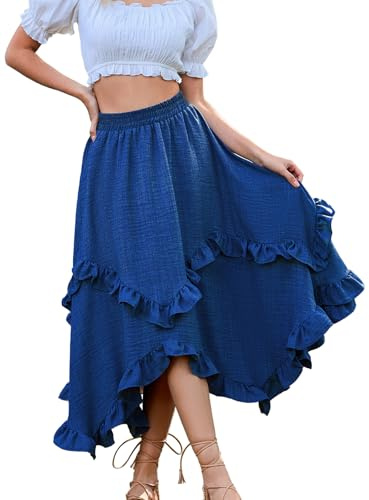 Bridesmay Long Skirts for Women 2026 Ruffled Flowy Renaissance Maxi Skirt for Ren Faire Royal Blue L