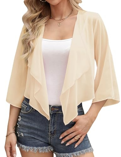 Aottori Bolero Mujer Cuello en V Manga 3/4 Gasa Ligero | Verano, Chaqueta, Fiesta, Toreras, Elegante, Corta, Shrug, Top, Casual, Abrigo, Primavera Otoño