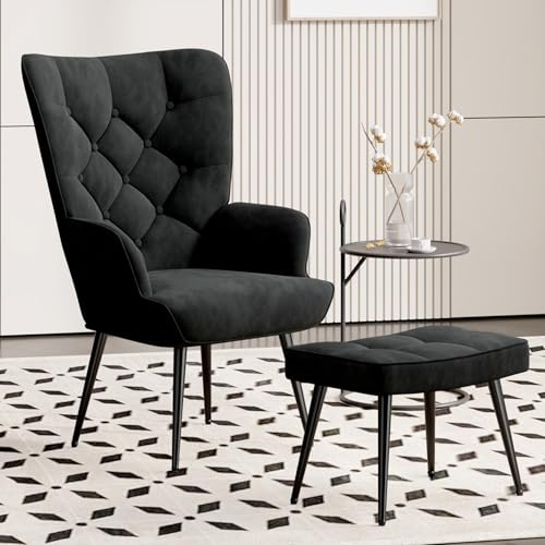 Hawthyhome Eleganter Sessel polsterstuhl Ohnzimmer Sessel Schminktisch Stuhl mit Hocker mit Metall Beinen fürs Wohnzimmer/SchlafzimmerBis 150 KG belastbar Schwarz