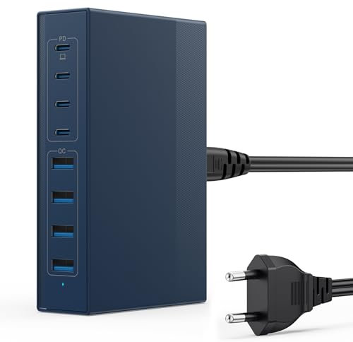 200W Chargeur USB C Multiple, 8 Ports Station de Charge GaN III Tech Chargeur Secteur, 65W Chargeur Rapide Prise avec 4 PD Type-C et 4 QC USB-A pour iPhone, Laptop, MacBook Pro, iPad, Samsung - Bleu