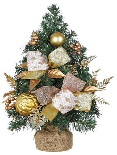 Hollyone Weihnachtsbaum Klein 48cm Weihnachten Tischdeko Kunstweihnachtsbaum mit Weihnachtskugel Beeren und Schleifen Künstliche Tannenbaum für Weihnachtsdeko Tisch Büro Deko